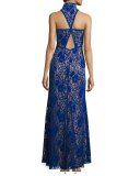 Sleeveless Velvet Floral Lace Gown, Blue