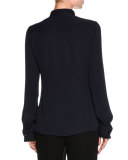Silk Button-Front Tuxedo Blouse, Navy
