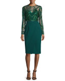 Beaded Long-Sleeve Sheath Dress, Emerald