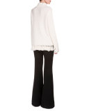 Front-Slit Fringe-Hem Sweater, Off White