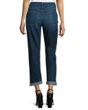 Cropped Rolled-Cuff Straight-Leg Jeans, Dark Blue