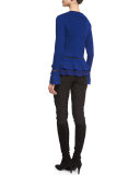 Jewel-Neck Peplum Cardigan, Prussian Blue/Caviar