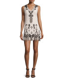 Embroidered Sheath Dress W/Fringe, Buff