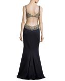 Metallic Embroidered Open-Back Mermaid Gown, Navy