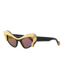 24k Gold Horse Cat-Eye Sunglasses, Black