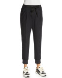 Pleated-Front Belted Jogger Pants, Onyx