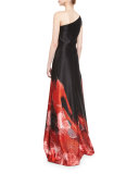 One-Shoulder Ombre Ball Gown, Black/Red