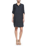 3/4-Sleeve Organic Linen Henley Dress, Denim 