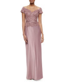 Belted Off-the-Shoulder Lace & Satin Gown, Mauve