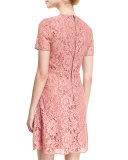 Short-Sleeve Lace Fit-and-Flare Dress, Antique Rose