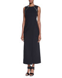 Leather-Trim Sleeveless Maxi Dress, Onyx