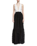Sleeveless Colorblock Lace Gown, Jet