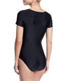 Short-Sleeve Ballet One-Piece Swimsuit, Black