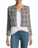 Hella Frayed-Trim Cropped Tweed Jacket, Blue/Multicolor