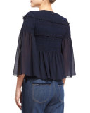 3/4-Sleeve Embroidered Peplum Top, Dark Navy