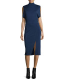 Sleeveless Draped-Arm Keyhole Dress, Navy