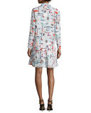 High Gloss Printed Pleated Dress, White/Multicolor