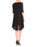 Half-Sleeve Eyelet Flutter Dress, Black