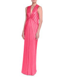 Sleeveless V-Neck Pleated Knit Gown, Fuchsia