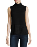 Fringe-Trimmed Sleeveless Cashmere Turtleneck, Black