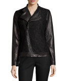 Lace-Panel Leather Moto Jacket, Black