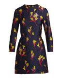 Floral-Jacquard 3/4-Sleeve Dress, Dark Topaz/Multi