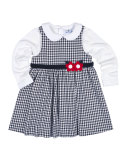 Belted Gingham Jumper w/ Long-Sleeve Blouse, Navy, Size 4-6