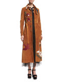 Suede Trench Coat W/Leather Patchwork, Cognac