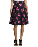 floral stretch crepe a-line skirt, black