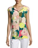 Joanie Cap-Sleeve Celia Bouquet Silk Blouse, Multi