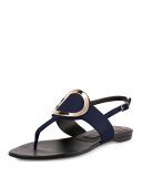 Round-Buckle Flat Leather Thong Sandal, Navy