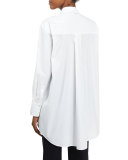 Long-Sleeve Poplin Bow-Trim Tunic, White