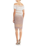 Signature Sequined Illusion Dress, White/Taupe