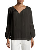 Split-Neck Blouse with Lace Inset, Black