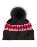 Fair Isle Cashmere Fur-Pom Beanie Hat, Rose