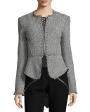 Long-Sleeve Stud-Trim Tweed Jacket, Black/White