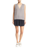 Shirred-Shoulder V-Neck Tank