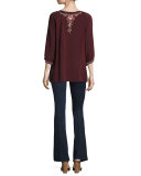 Moon 3/4-Sleeve Embroidered Blouse