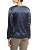 Beaded Jewel-Neck Silk-Blend Top, Navy