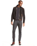 Two-Tone Aged Suede Bomber Jacket, Black