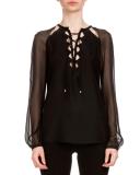 Benny Lace-Up Satin Blouse, Black