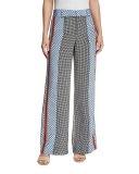 Mixed-Print Silk Wide-Leg Trousers, Light Pumice