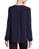Franca Long-Sleeve Beaded Silk Blouse, Deep Amethyst