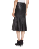 Flared Leather Godet Midi Skirt, Black