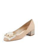 Suede 30mm Pump w/Jeweled Fur Pompom, Nude