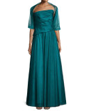 Asymmetric Strapless Full-Skirt Gown, Peacock  
