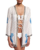 Blue Pebble Embroidered Kimono Coverup