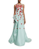 Sleeveless Draped Illusion Gown w/Contrast Floral Appliques, Seafoam