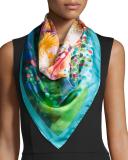 Naif Printed Square Silk Scarf, Turquoise
