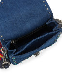 Rockstud Rolling Small Denim Guitar-Strap Crossbody Bag, Denim/Multi